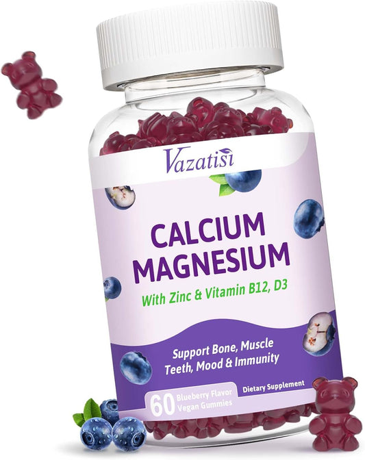 Vazatisi Calcium Magnesium Zinc Gummies - Immune Support for Women & Men, 60 Vegan Blueberry Gummies with Vitamin D3 and B12