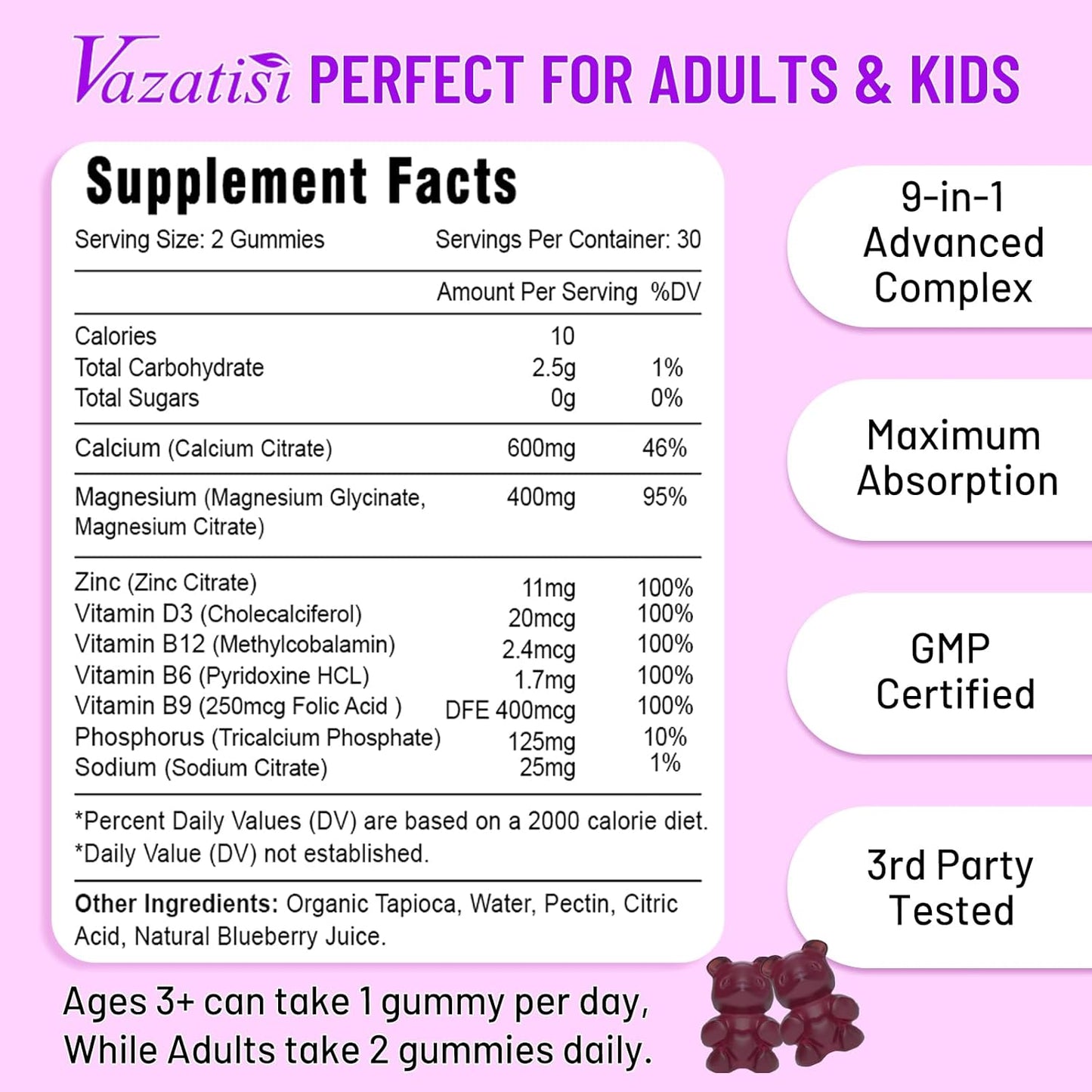 Vazatisi Calcium Magnesium Zinc Gummies - Immune Support for Women & Men, 60 Vegan Blueberry Gummies with Vitamin D3 and B12