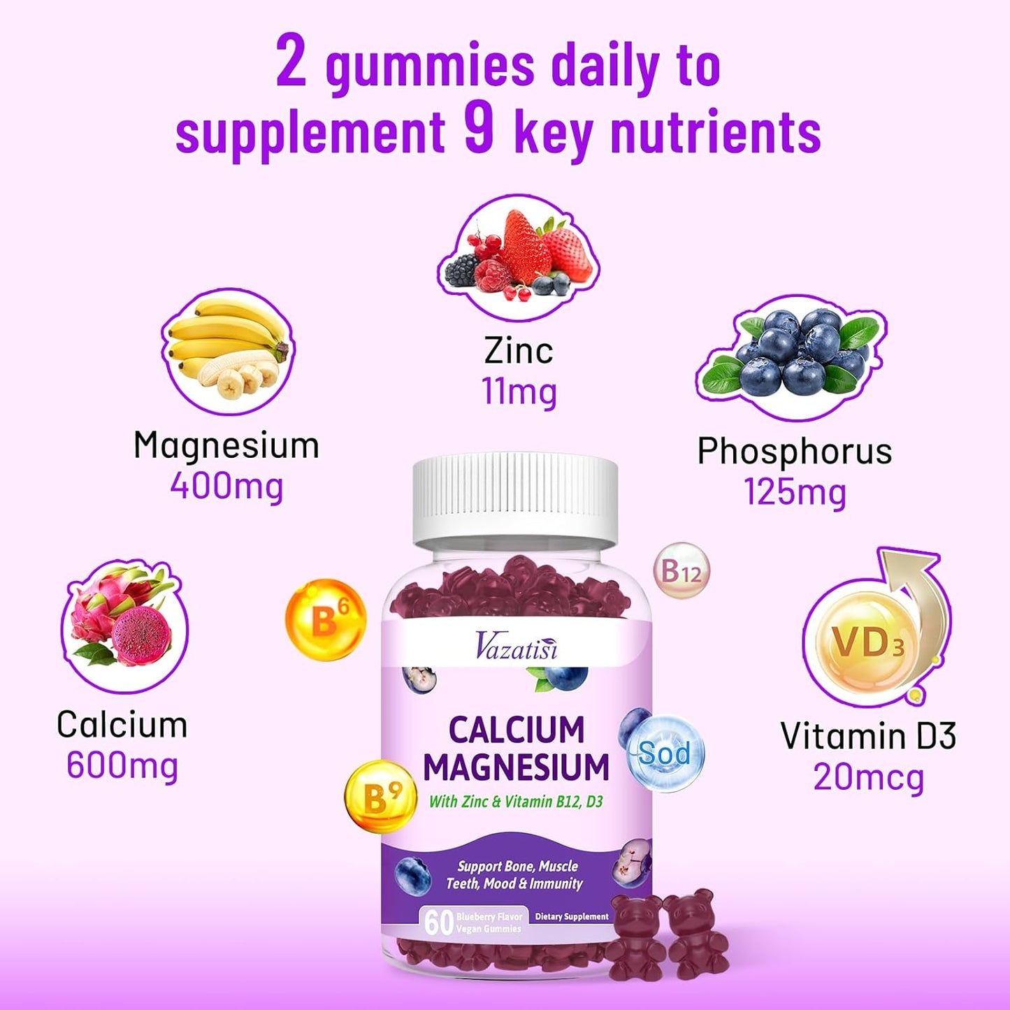 Vazatisi Calcium Magnesium Zinc Gummies - Immune Support for Women & Men, 60 Vegan Blueberry Gummies with Vitamin D3 and B12