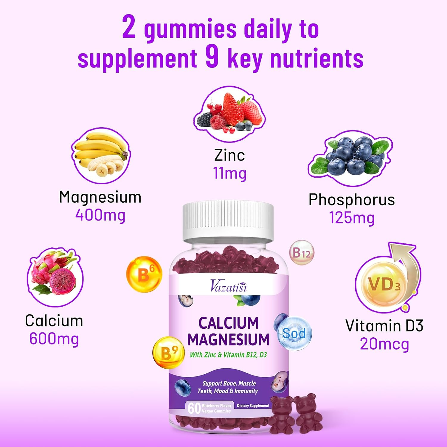 Vazatisi Calcium Magnesium Zinc Gummies - Immune Support for Women & Men, 60 Vegan Blueberry Gummies with Vitamin D3 and B12