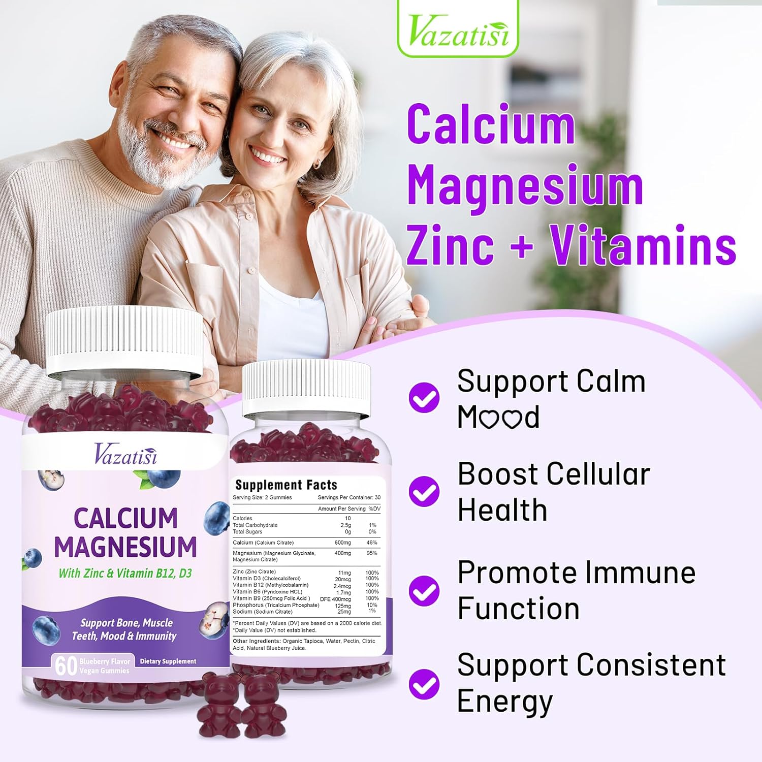 Vazatisi Calcium Magnesium Zinc Gummies - Immune Support for Women & Men, 60 Vegan Blueberry Gummies with Vitamin D3 and B12