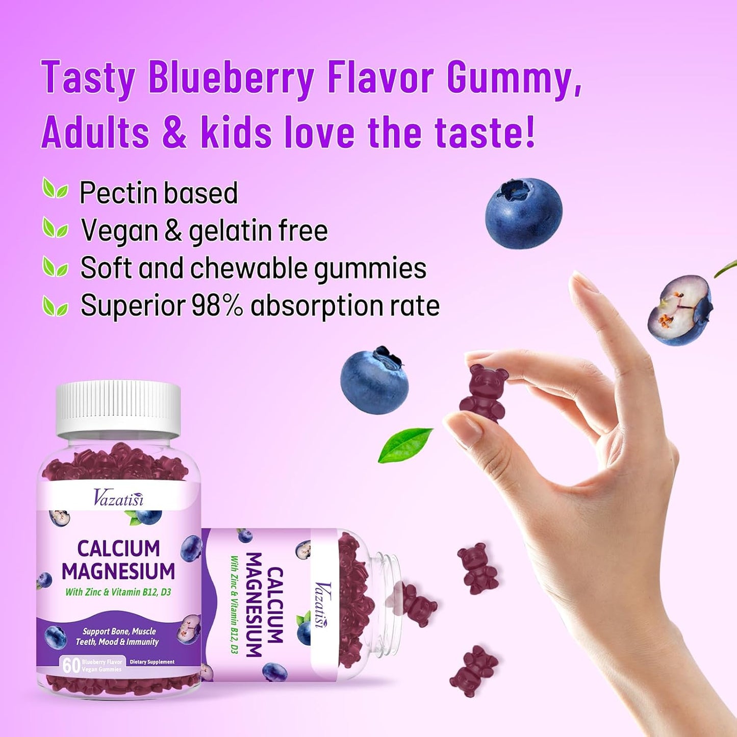 Vazatisi Calcium Magnesium Zinc Gummies - Immune Support for Women & Men, 60 Vegan Blueberry Gummies with Vitamin D3 and B12