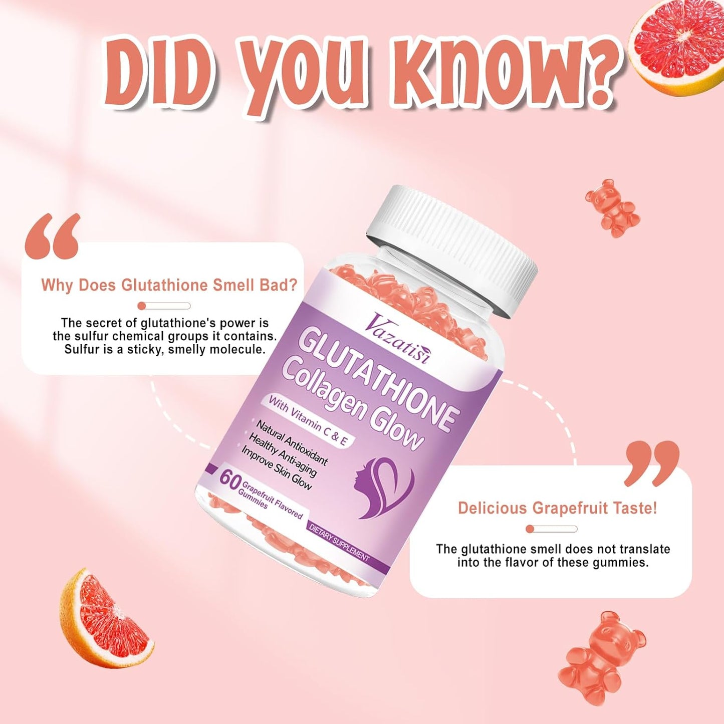 Vazatisi Glutathione Collagen Gummies with Vitamin C & E, Anti-Aging Supplement for Women, Grapefruit Flavor - 60 Count