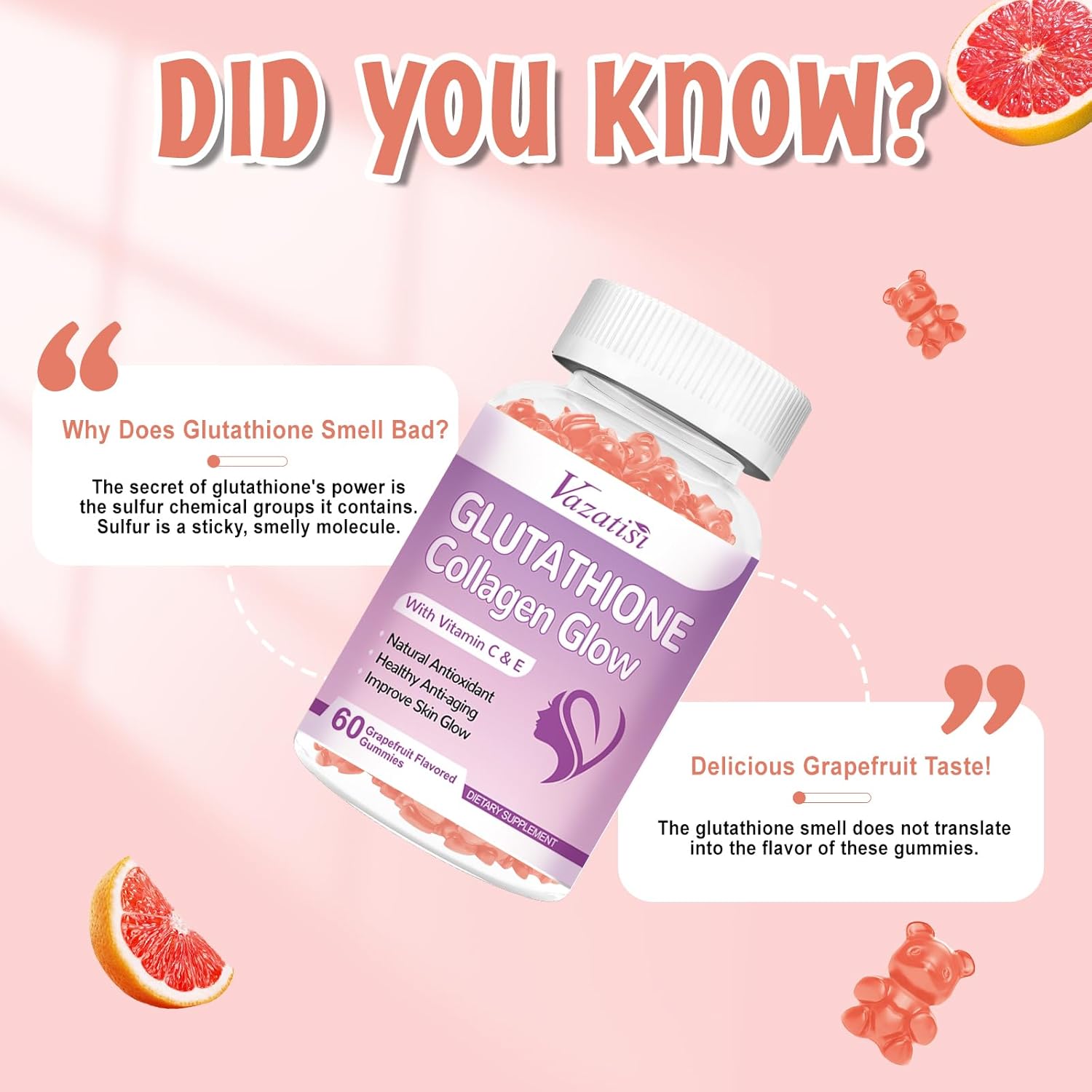 Vazatisi Glutathione Collagen Gummies with Vitamin C & E, Anti-Aging Supplement for Women, Grapefruit Flavor - 60 Count