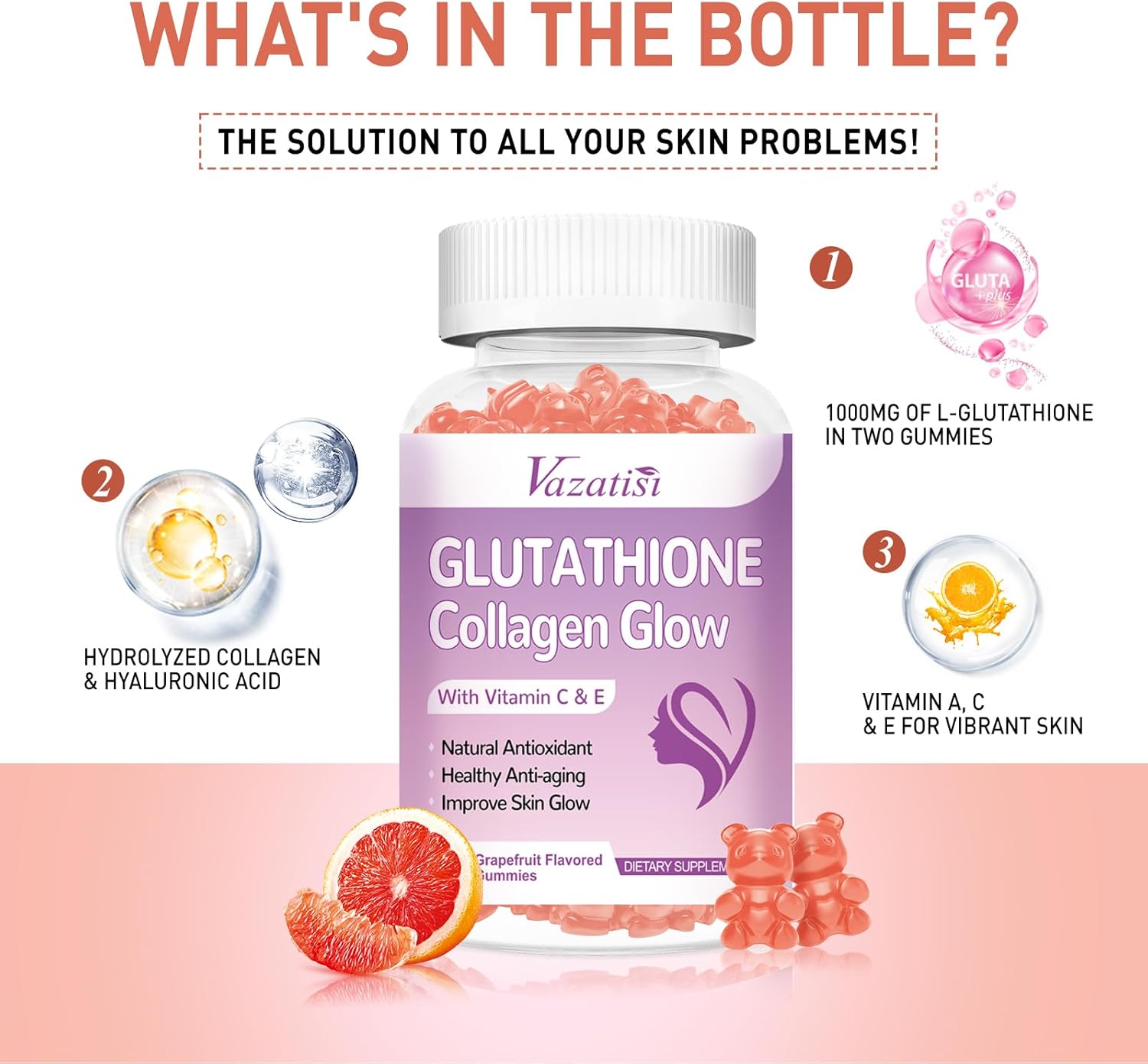 Vazatisi Glutathione Collagen Gummies with Vitamin C & E, Anti-Aging Supplement for Women, Grapefruit Flavor - 60 Count