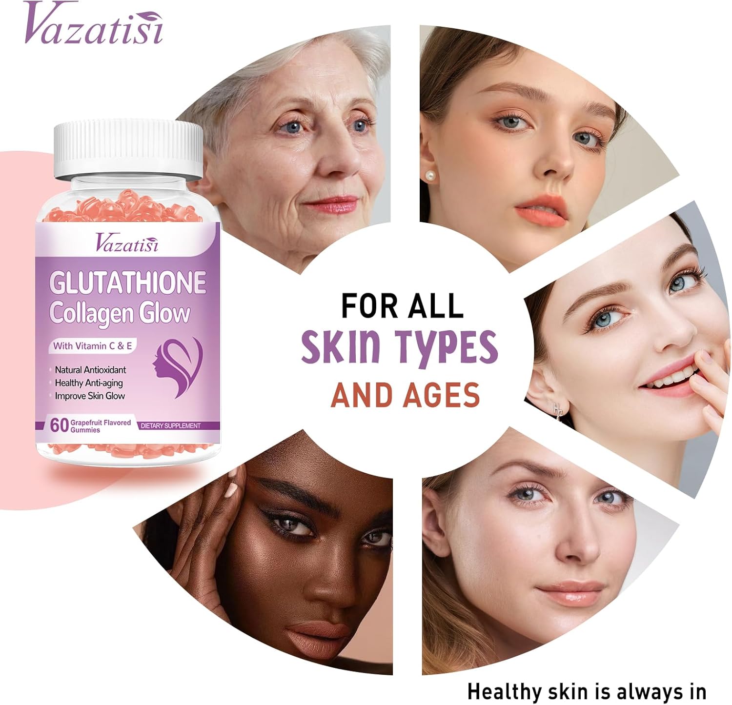 Vazatisi Glutathione Collagen Gummies with Vitamin C & E, Anti-Aging Supplement for Women, Grapefruit Flavor - 60 Count