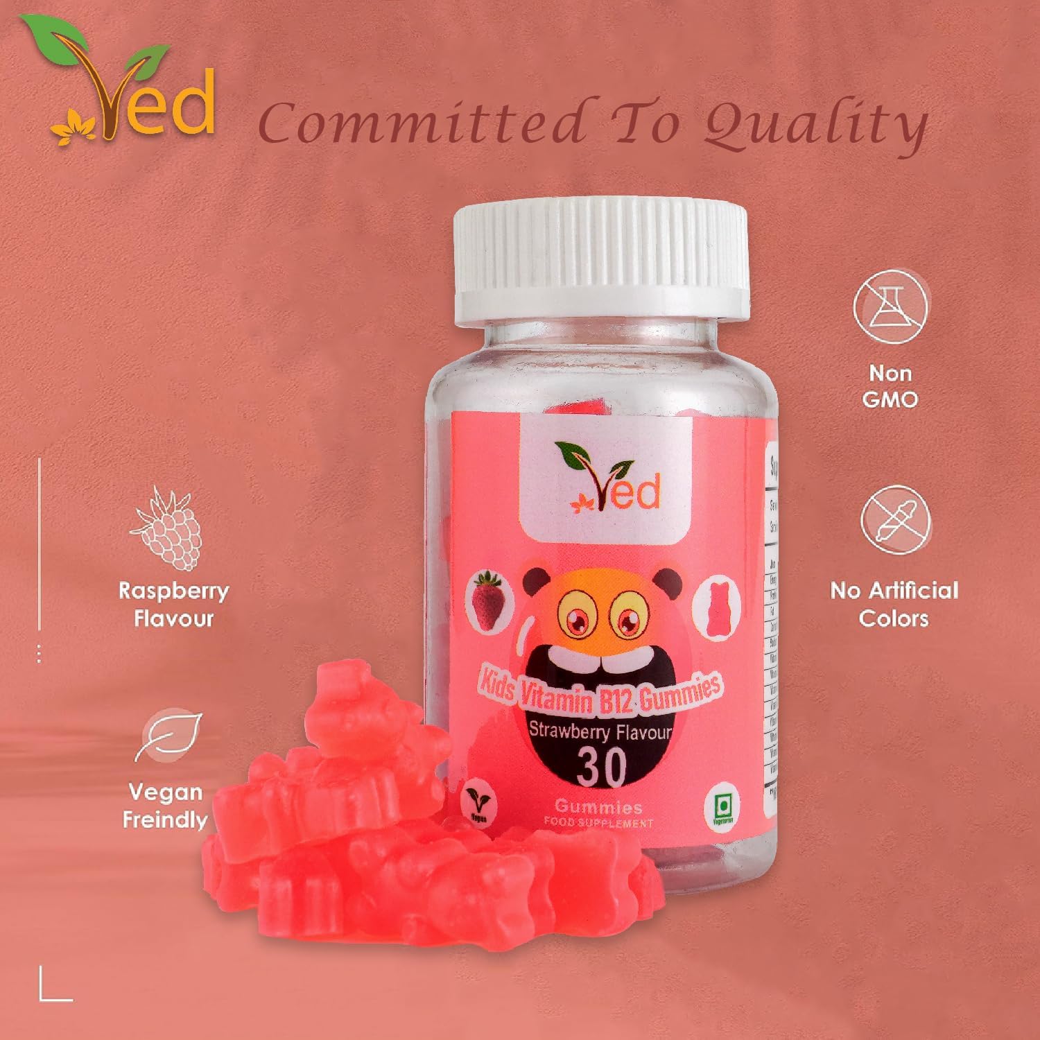 VED Kids Vitamin B12 Gummies - Vegan Energy & Immune Support for Kids - 30 Chewable Gummies (15 Days Supply)