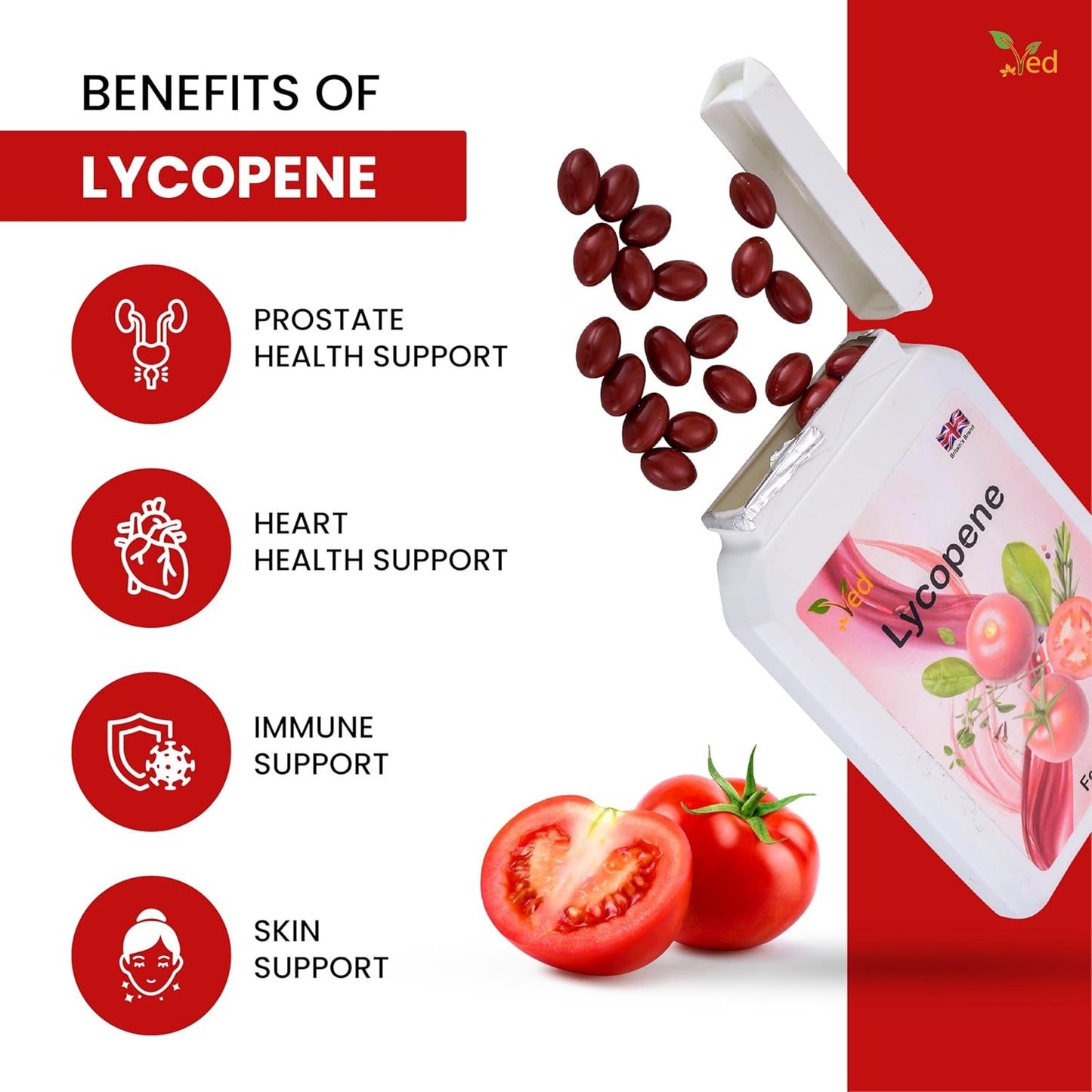 Ved Lycopene Softgel Supplement 500mg x 90, 12 Months Supply, Non-GMO, Energy Balance Support (Pack of 4)