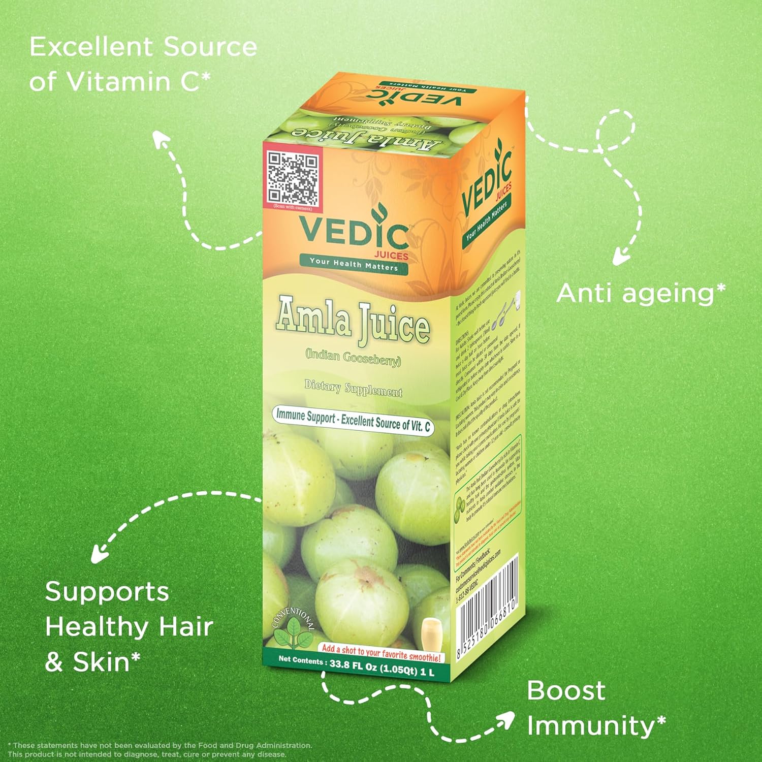 Vedic Juices Amla Juice: Indian Gooseberry Supplement for Gut Health, Hair Growth - 1 Liter
