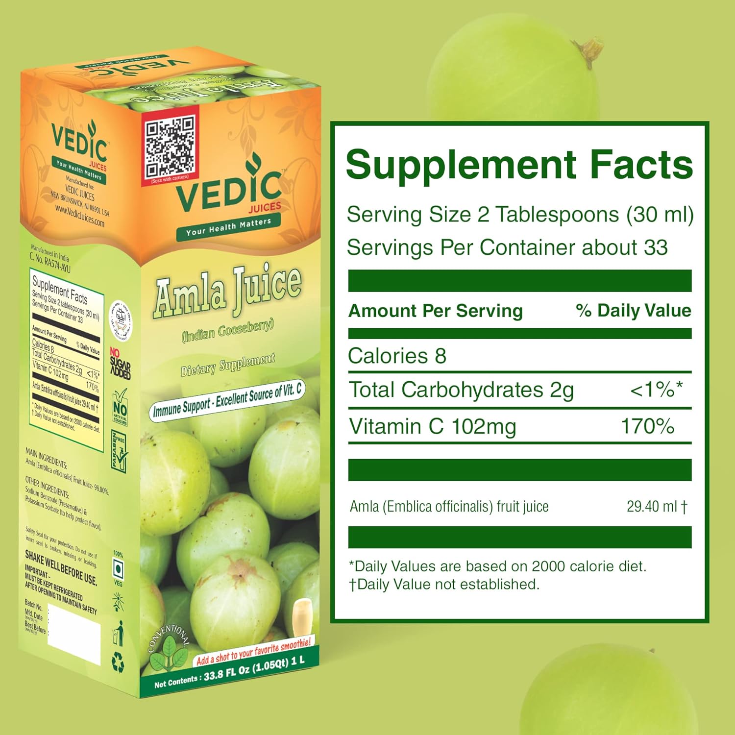 Vedic Juices Amla Juice: Indian Gooseberry Supplement for Gut Health, Hair Growth - 1 Liter