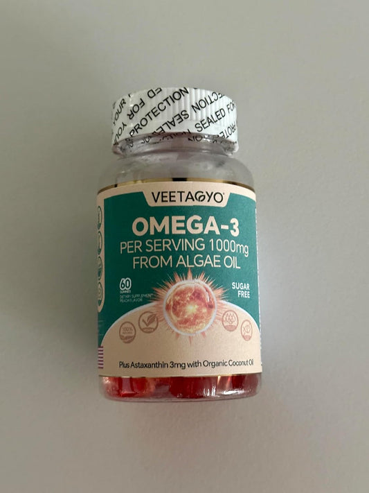 VEETAGYO Vegan Omega 3 Gummies 1200mg - Dual Layer Algae Supplement with DHA 600mg, EPA 400mg, Astaxanthin - Sugar Free - 60 Count