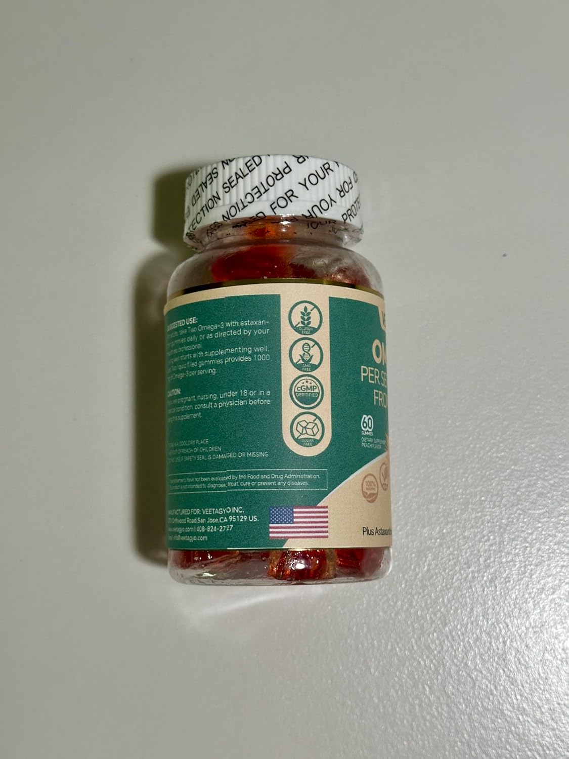 VEETAGYO Vegan Omega 3 Gummies 1200mg - Dual Layer Algae Supplement with DHA 600mg, EPA 400mg, Astaxanthin - Sugar Free - 60 Count