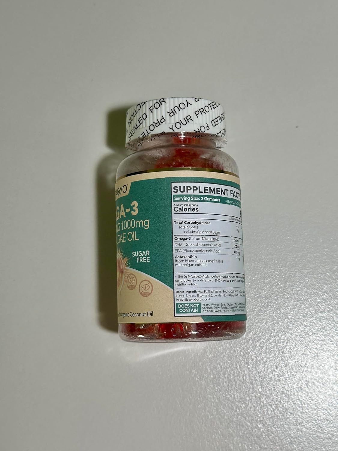 VEETAGYO Vegan Omega 3 Gummies 1200mg - Dual Layer Algae Supplement with DHA 600mg, EPA 400mg, Astaxanthin - Sugar Free - 60 Count