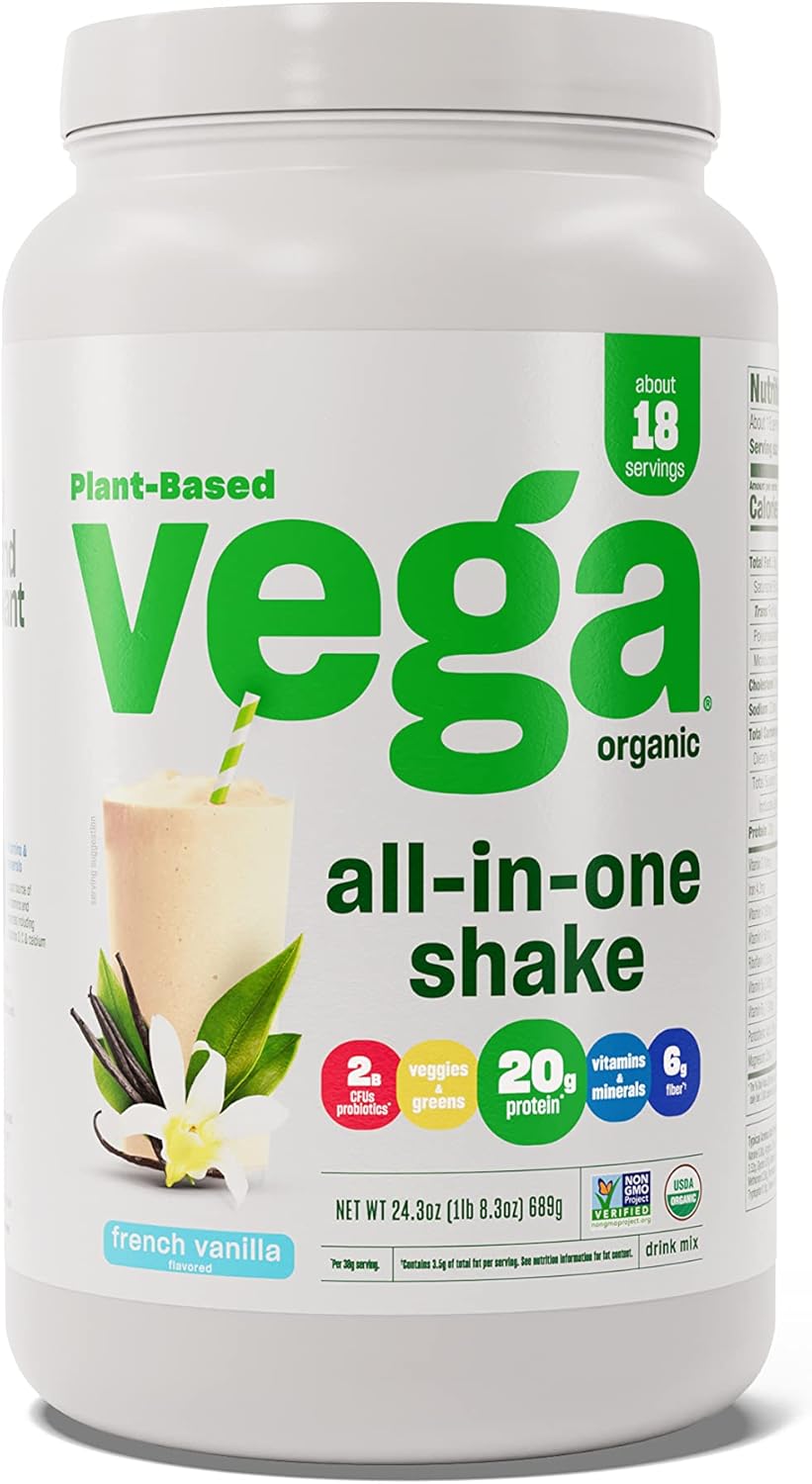 Vega Organic All-in-One Vegan Protein Powder with Greens, Vanilla - 20g Plant Protein & Veggies