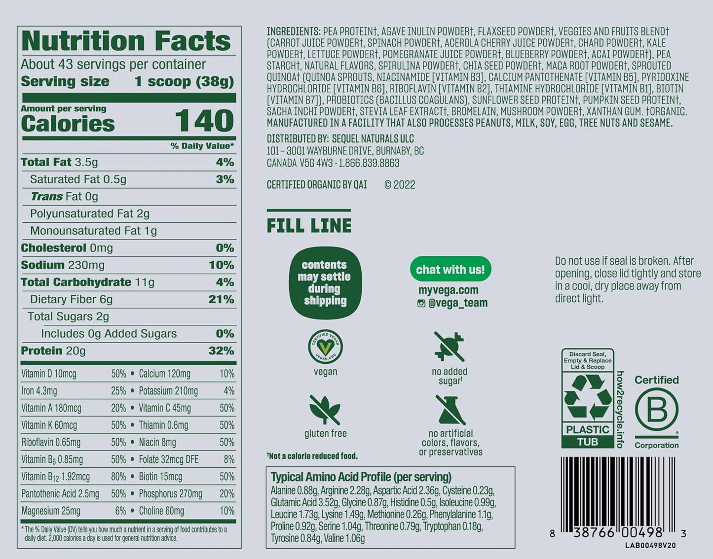 Vega Organic French Vanilla Vegan Protein Powder - 3.10lbs (Pack of 6) - Immunity Support, Superfood Ingredients, Keto Friendly - 43 Servings
