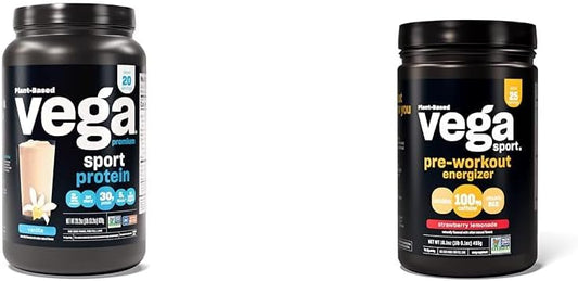 Vega Premium Sport Protein Vanilla & Strawberry Lemonade Pre-Workout Powder - Vegan, Non GMO Energizer