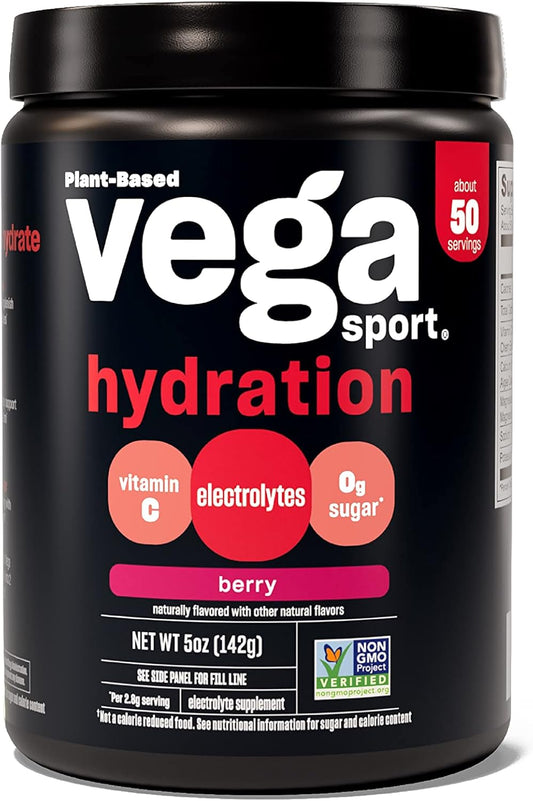 Vega Sport Hydration Electrolyte Powder, Berry Flavor - Vegan Keto Post Workout Recovery Drink with Vitamin C for Men and Women, Sugar-Free, Dairy-Free, Gluten-Free, Non-GMO - 5 oz