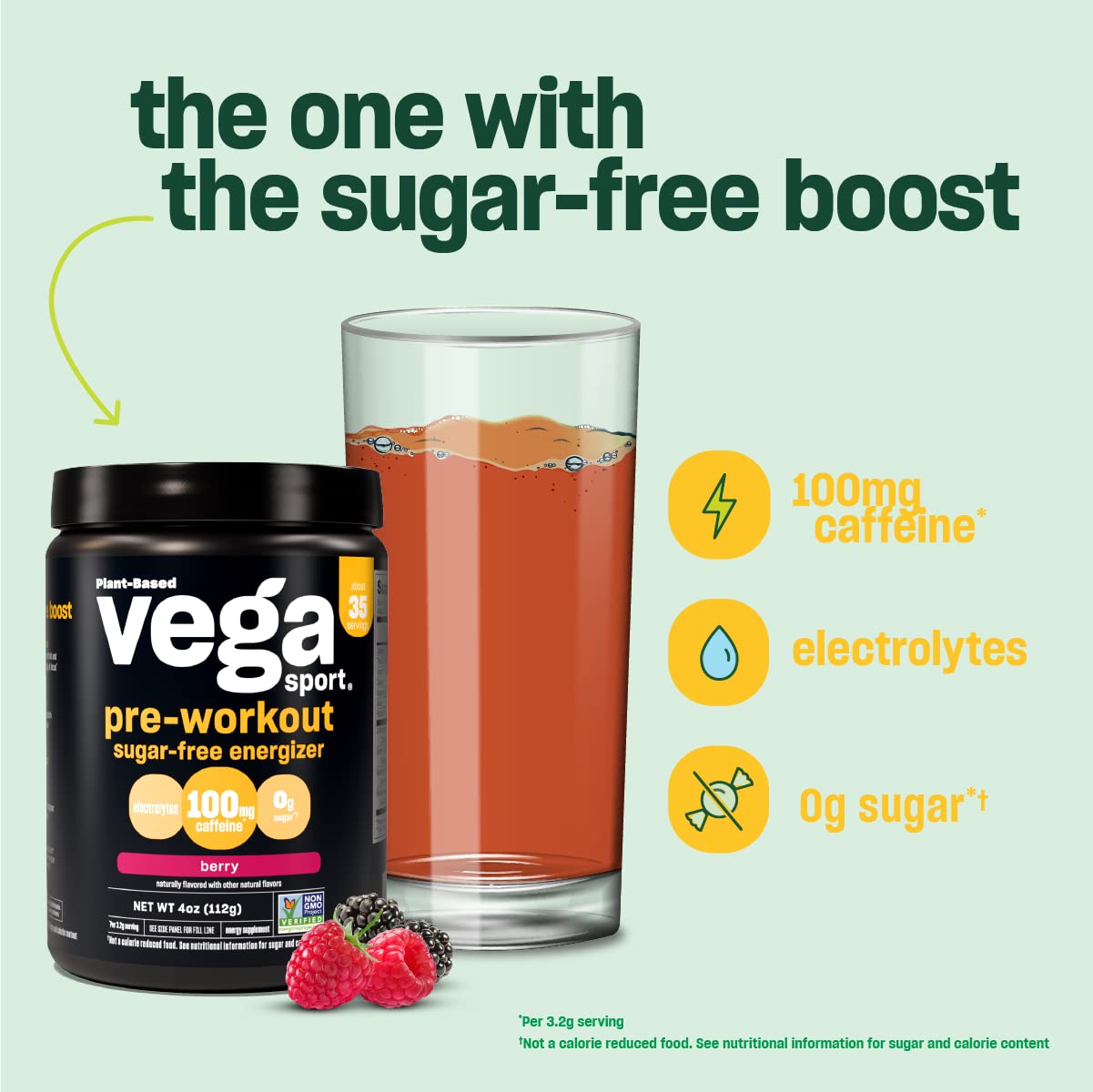 Vega Sport Sugar Free Pre-Workout Energizer, Berry Flavor - Energy Boosting Powder for Both Genders, Enhanced Focus, Electrolytes, Vegan & Keto Friendly, Gluten Free, Non GMO, 4 oz