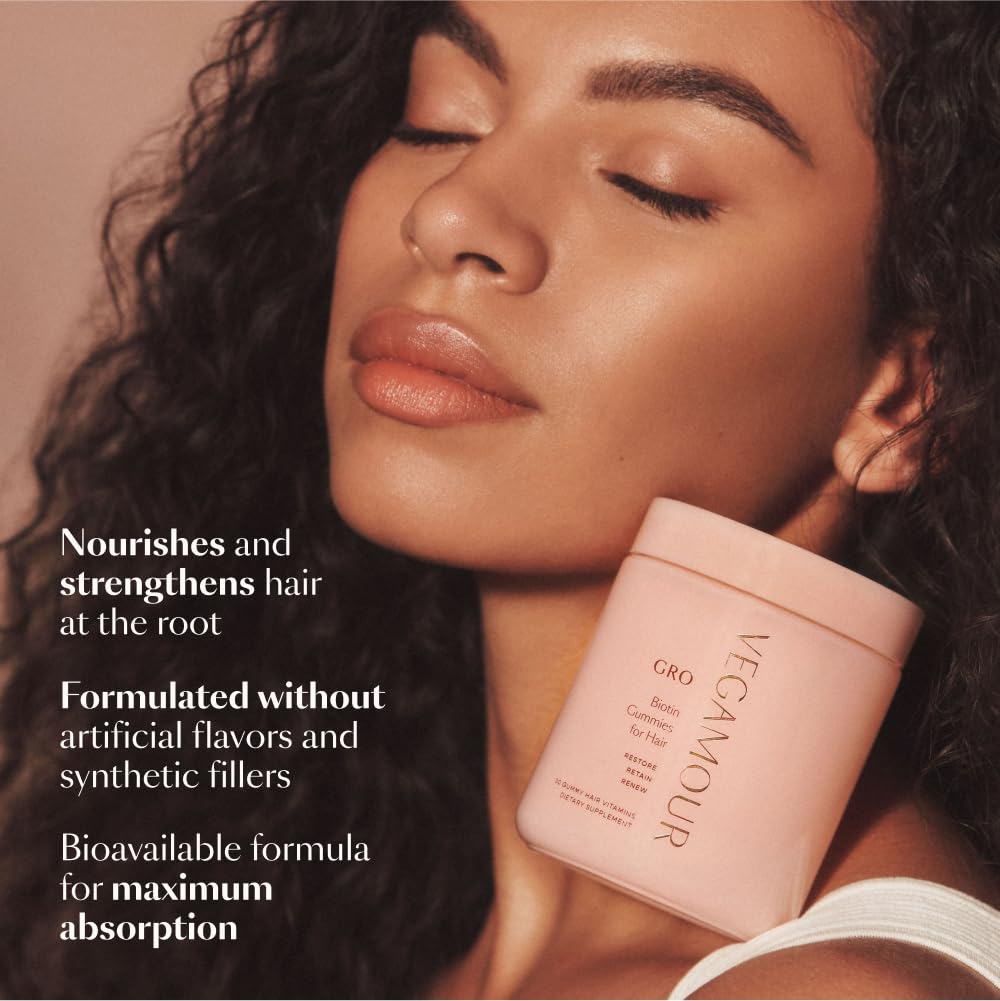 VEGAMOUR GRO Biotin Gummies: Strawberry Flavor, 5000 mcg Biotin, Hair Health Support, Vegan, 30 Ct