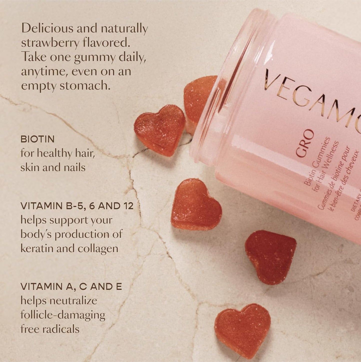 VEGAMOUR GRO Biotin Gummies: Strawberry Flavor, 5000 mcg Biotin, Hair Health Support, Vegan, 30 Ct