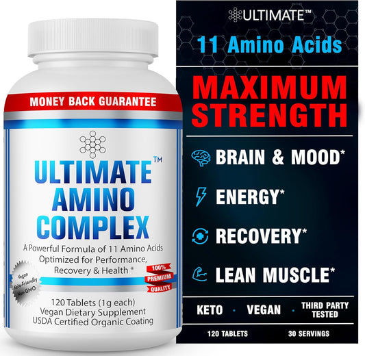 Vegan 120-Tablet Amino Acid Complex Supplement for Energy, Muscle Recovery & Lean Muscle - 9 Essential Amino Acids with Cystine & Tyrosine - Flavorless, Easy-to-Swallow Tablets - Non-GMO