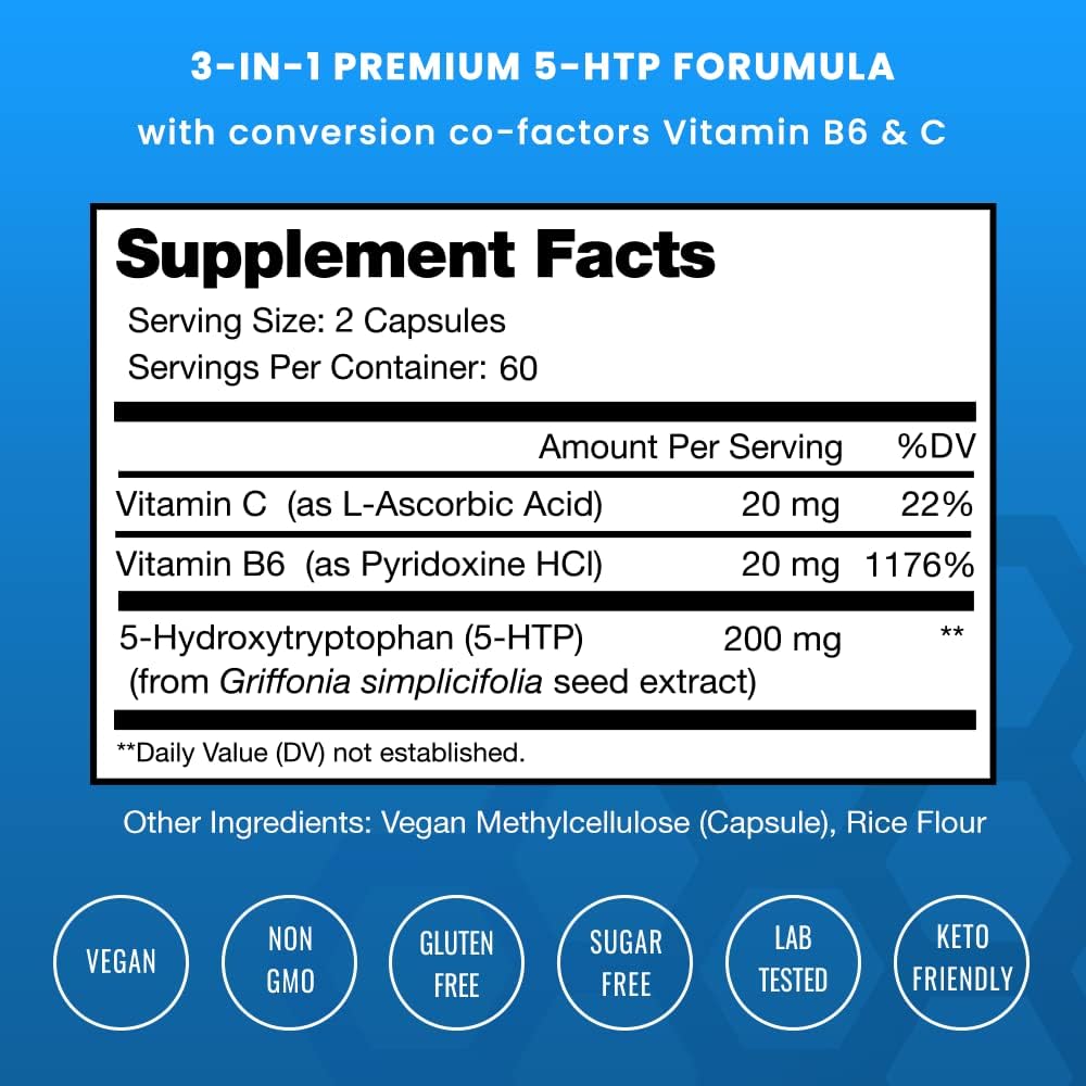 Vegan 5-HTP Capsules with Vitamin B6 & C - 120 Count, 200mg Formula