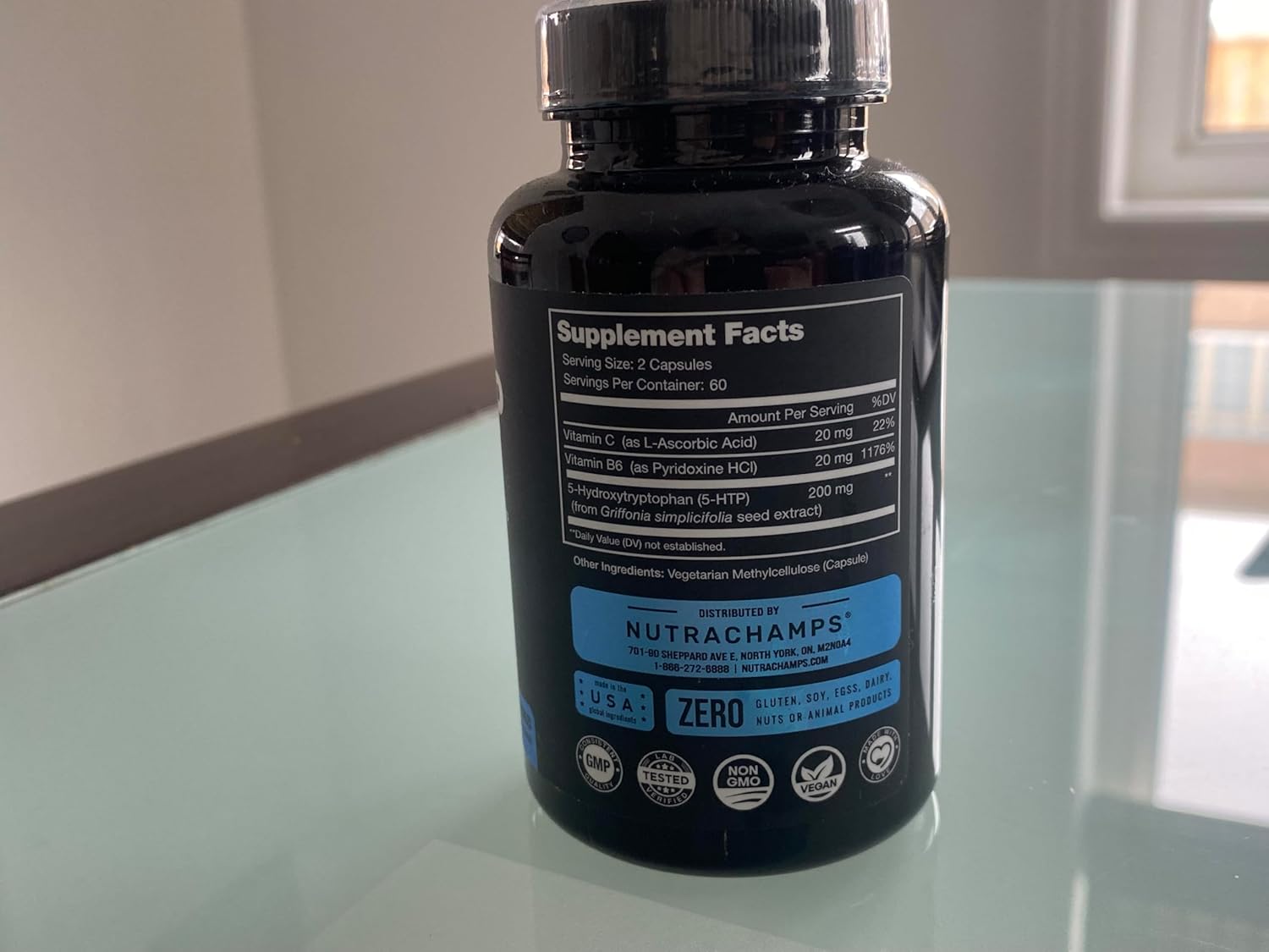 Vegan 5-HTP Capsules with Vitamin B6 & C - 120 Count, 200mg Formula