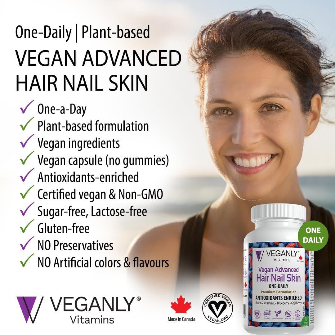 Vegan Advanced Hair, Skin, and Nail Vitamins with Biotin & Antioxidants - 60 Veggie Capsules - Plant Based Superfood Formula for Healthy Hair, Skin, and Nails