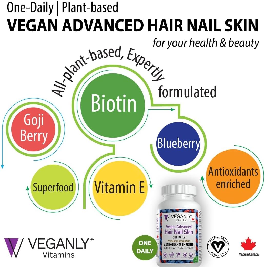 Vegan Advanced Hair, Skin, and Nail Vitamins with Biotin & Antioxidants - 60 Veggie Capsules - Plant Based Superfood Formula for Healthy Hair, Skin, and Nails