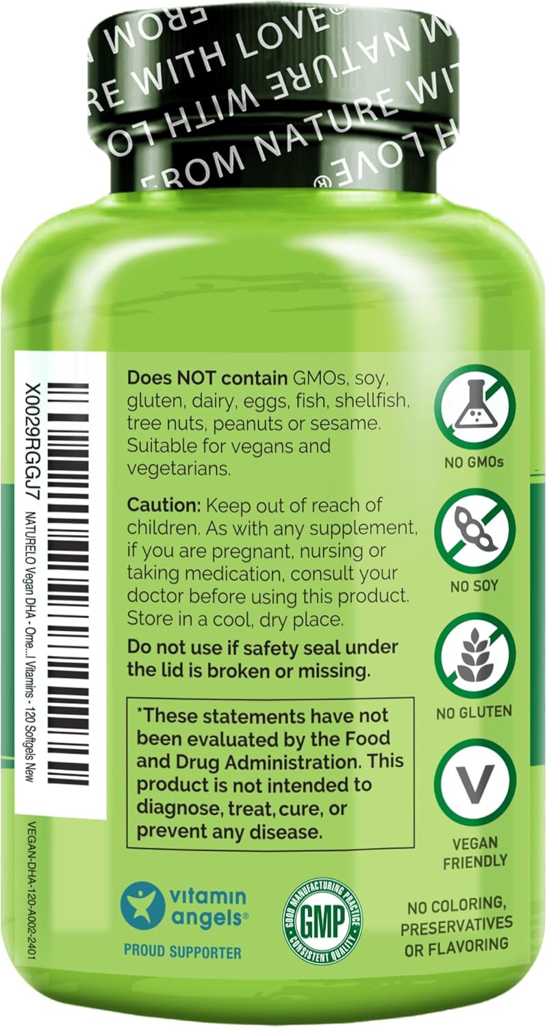 Vegan Algae DHA Omega-3 Supplement for Brain, Heart, Joint, Eye Health - Essential Fatty Acids for Women, Men, Kids - Prenatal Vitamin Complement - 120 Softgels