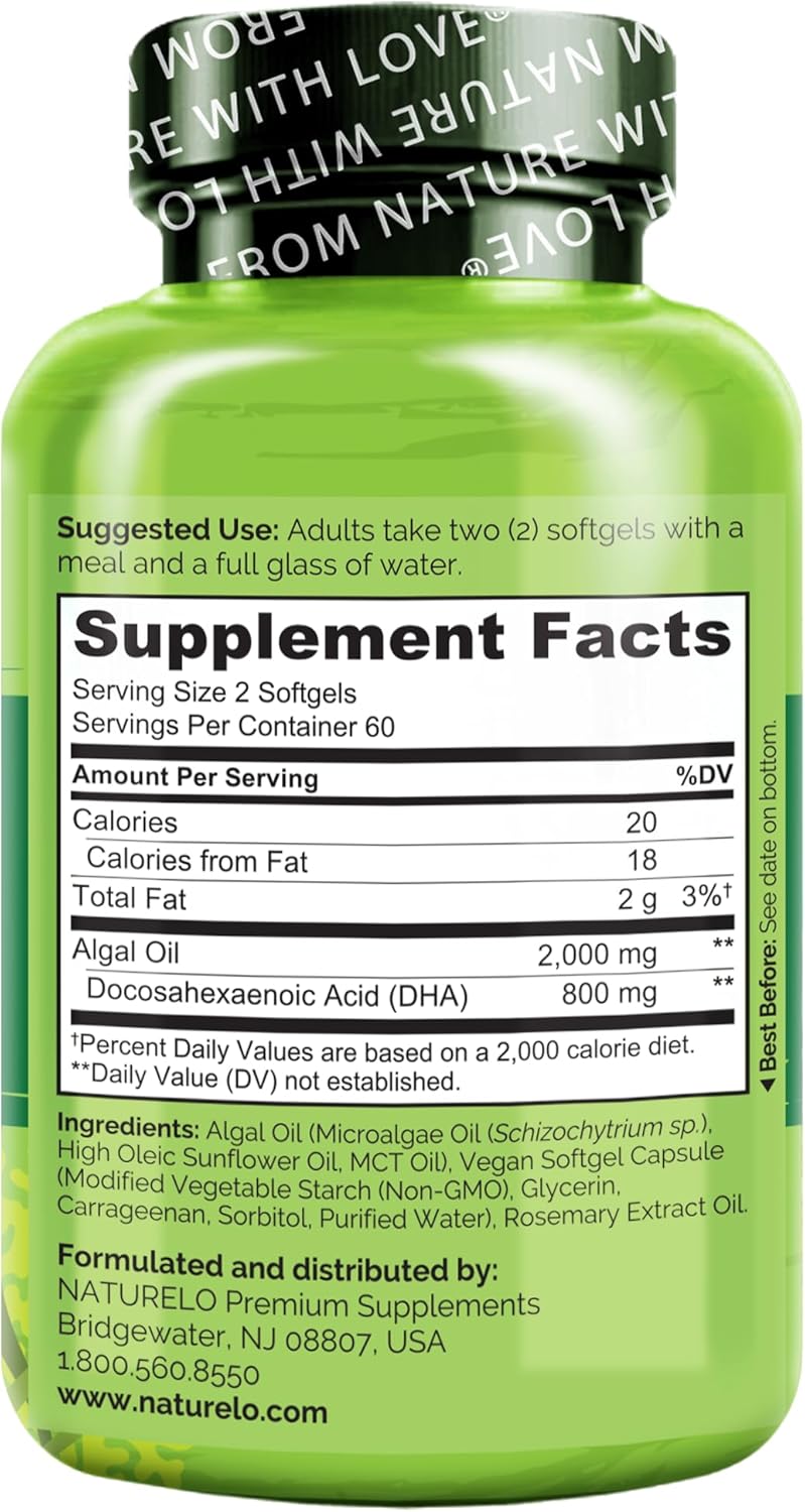Vegan Algae DHA Omega-3 Supplement for Brain, Heart, Joint, Eye Health - Essential Fatty Acids for Women, Men, Kids - Prenatal Vitamin Complement - 120 Softgels