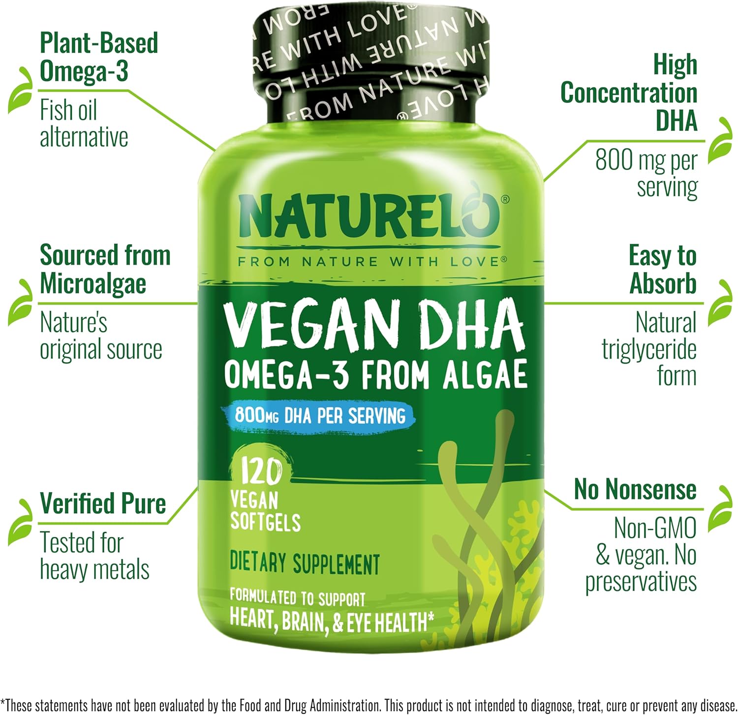 Vegan Algae DHA Omega-3 Supplement for Brain, Heart, Joint, Eye Health - Essential Fatty Acids for Women, Men, Kids - Prenatal Vitamin Complement - 120 Softgels