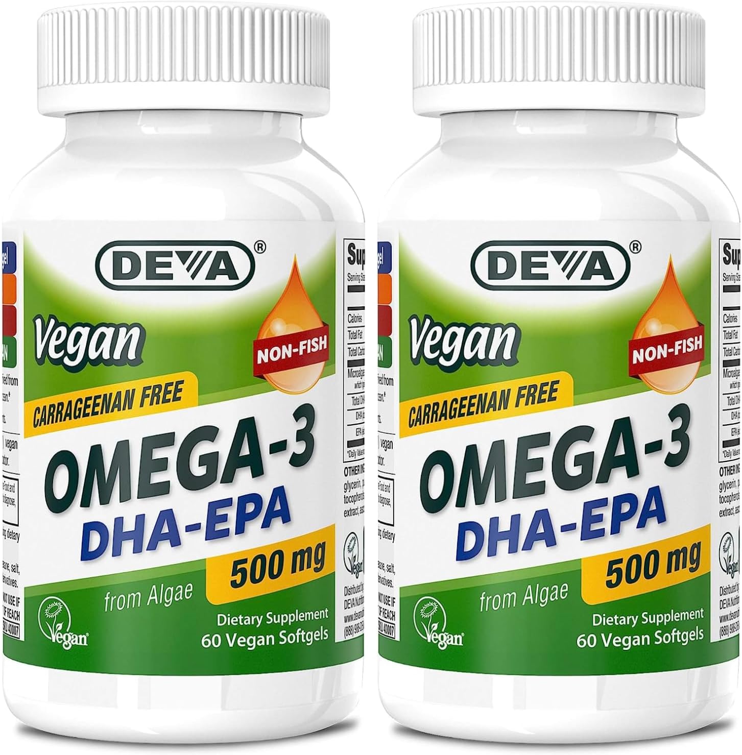 Vegan Algae Oil Omega-3 DHA EPA Supplement Softgels - 500 MG - Carrageenan & Gelatin Free - Non-Fish Source - 60 Softgels (2 Pack)