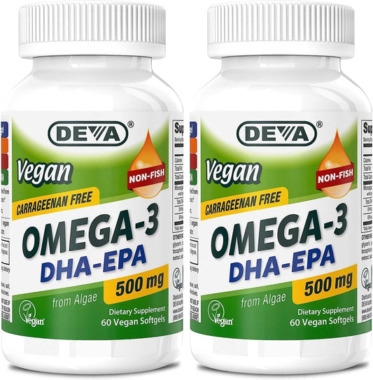 Vegan Algae Oil Omega-3 DHA EPA Supplement Softgels - 500 MG - Carrageenan & Gelatin Free - Non-Fish Source - 60 Softgels (2 Pack)
