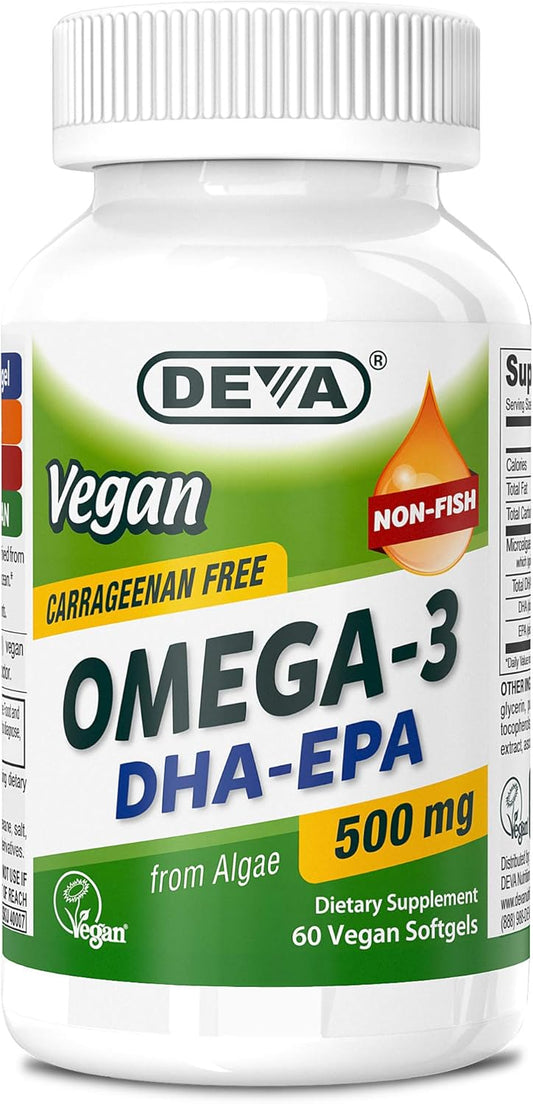 Vegan Algae Oil Omega-3 DHA EPA Supplement Softgels - 500 MG, Carrageenan & Gelatin Free, Non-Fish Source - 60 Count