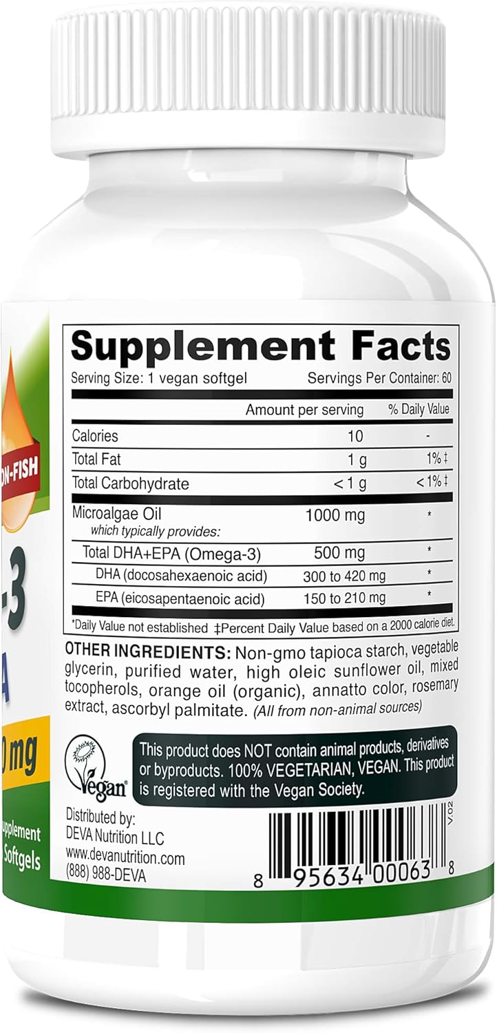 Vegan Algae Oil Omega-3 DHA EPA Supplement Softgels - 500 MG, Carrageenan & Gelatin Free, Non-Fish Source - 60 Count