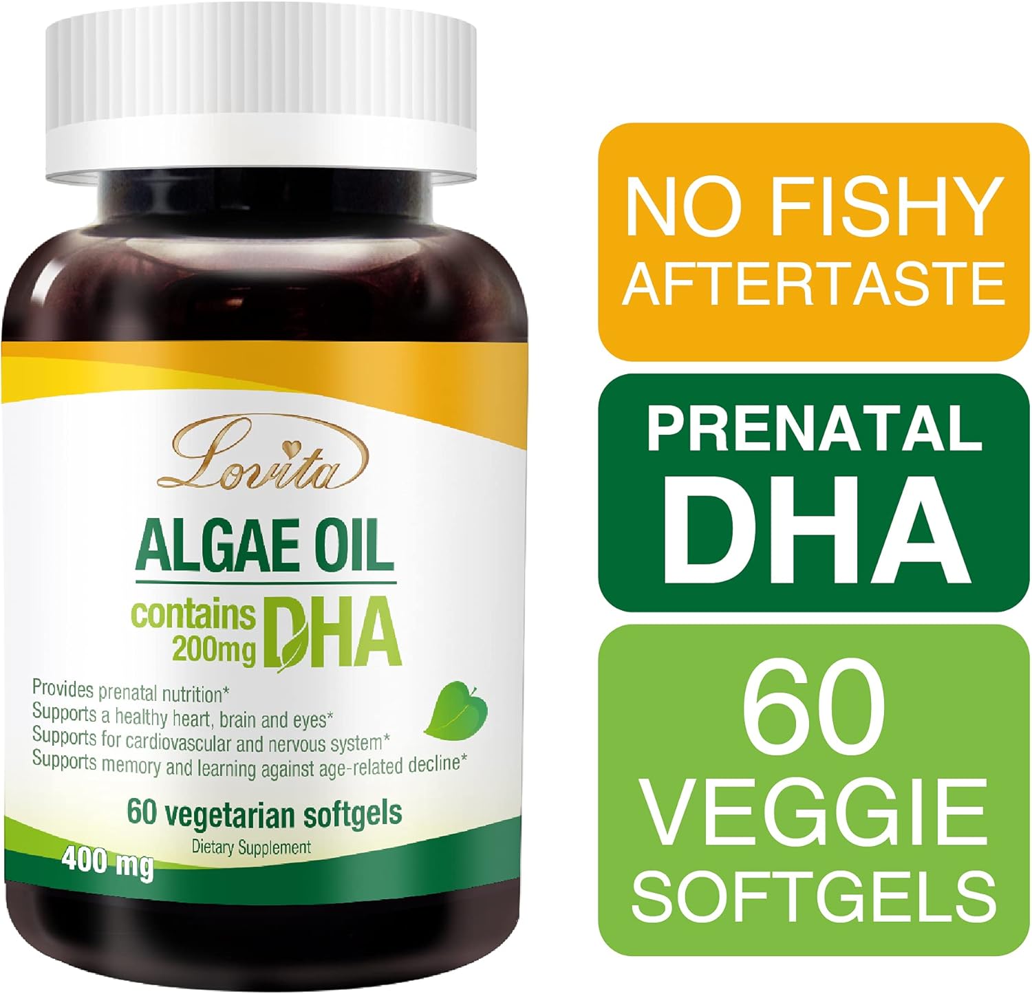 Vegan Algae Oil Softgels with 200mg DHA, Plant-Based Omega 3 Supplement, 60 Vegetarian Capsules