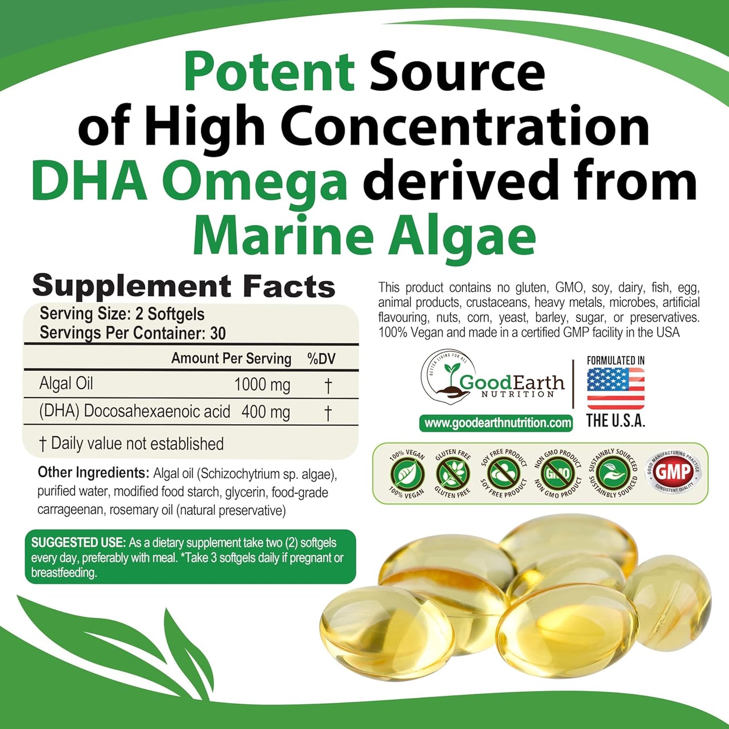 Vegan Algal Oil Supplements for Brain, Joint, Heart & Immune Support - DHA Omega 3 - Prenatal Vitamins - Burpless Algae - 60 Mini Softgels