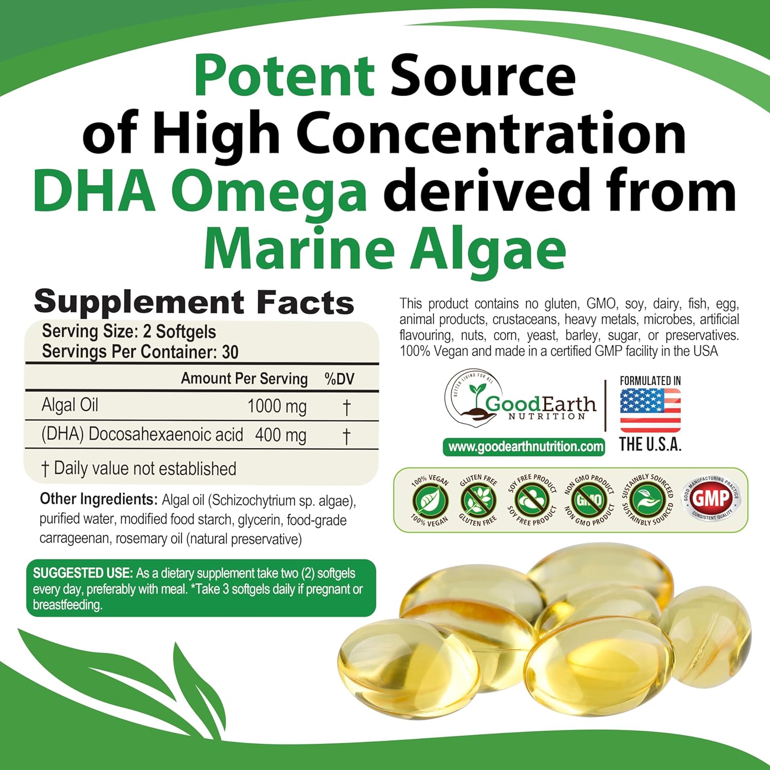 Vegan Algal Oil Supplements for Brain, Joint, Heart & Immune Support - DHA Omega 3 - Prenatal Vitamins - Burpless Algae - 60 Mini Softgels