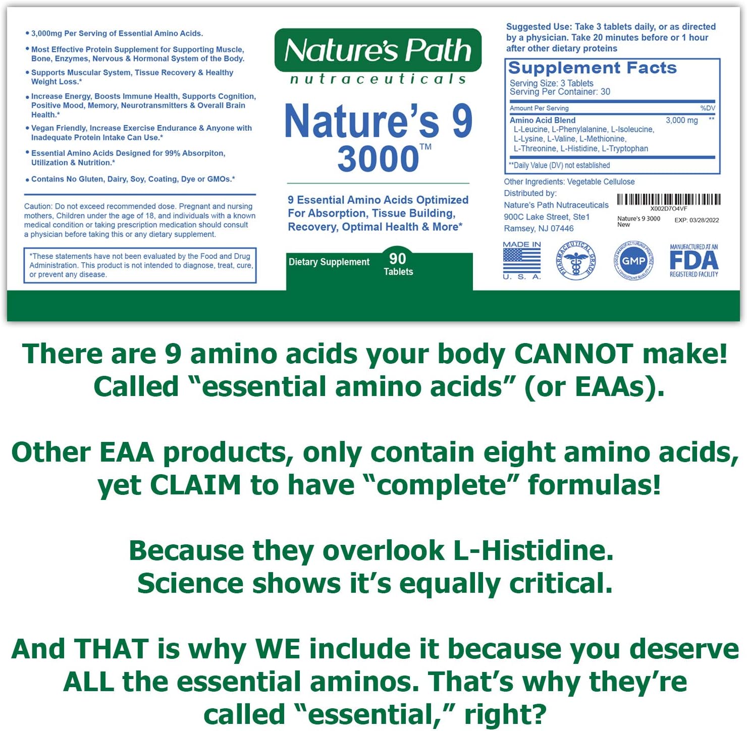 Vegan Aminos 90 Pill Essential Amino Acids Supplement - 3000mg Complex, All 9 EAAs, 1g Per Tablet - Nature's Path Nutraceuticals