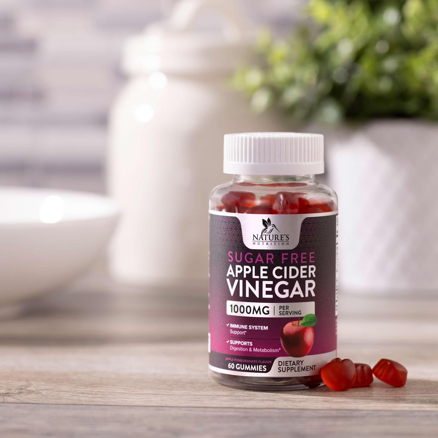 Vegan Apple Cider Vinegar Gummies for Weight Loss & Detox - 1000mg ACV Supplement with Vitamin B12 - Sugar Free, Non-GMO - 60 Gummies
