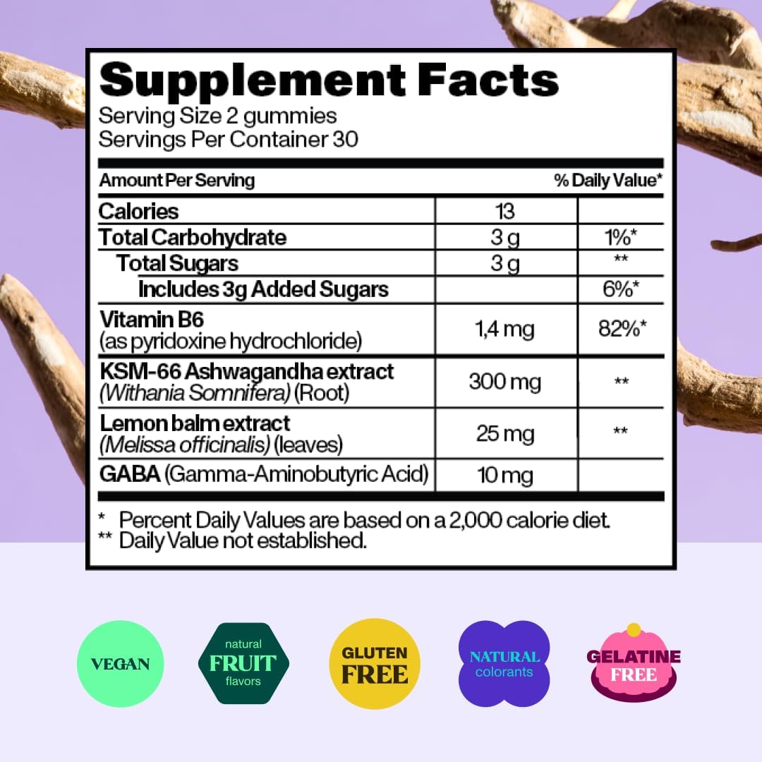 Vegan Ashwagandha Stress Relief Gummies with Lemon Balm Extract - Calm & Relax with KSM-66 - 60 Count Vegan Gummies for Anxiety Relief