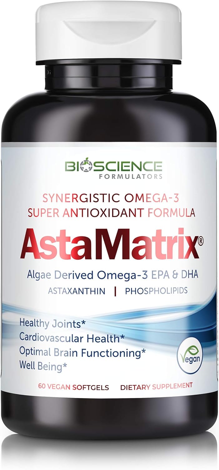 Vegan AstaMatrix® Algal Omega 3 DHA EPA with Astaxanthin Phospholipids | 60 Vegan SoftGels for Heart Health and Brain Function