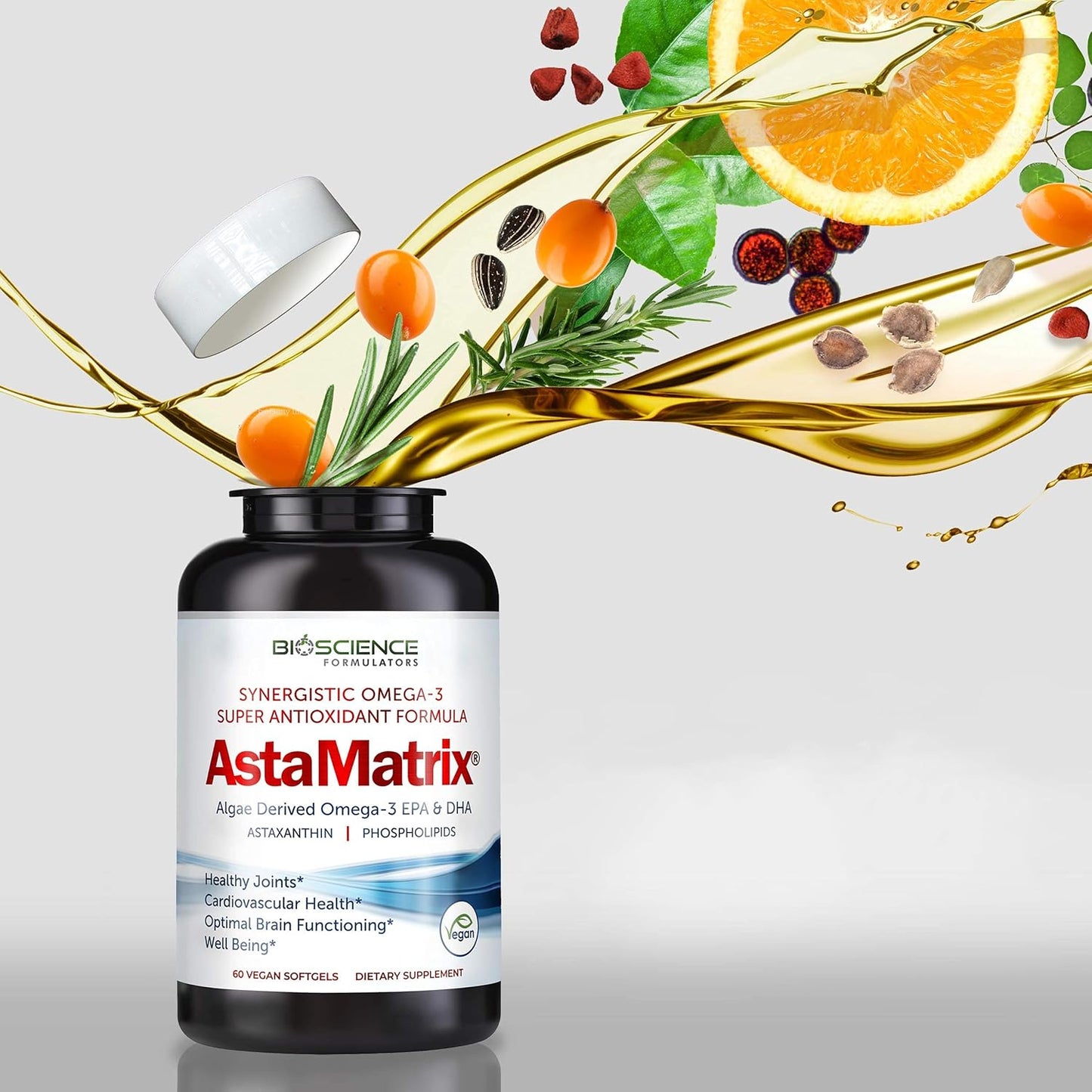 Vegan AstaMatrix® Algal Omega 3 DHA EPA with Astaxanthin Phospholipids | 60 Vegan SoftGels for Heart Health and Brain Function