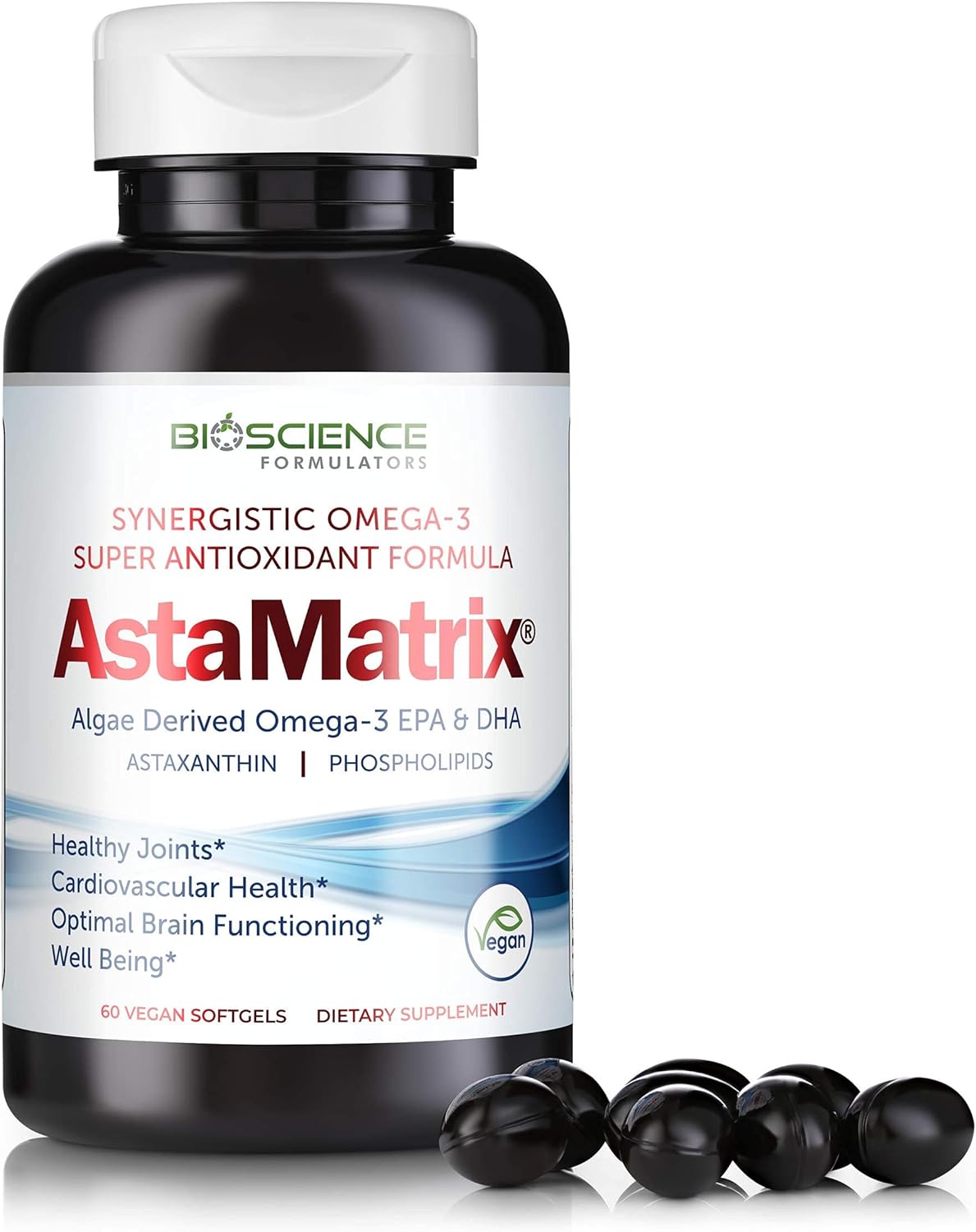 Vegan AstaMatrix® Algal Omega 3 DHA EPA with Astaxanthin Phospholipids | 60 Vegan SoftGels for Heart Health and Brain Function