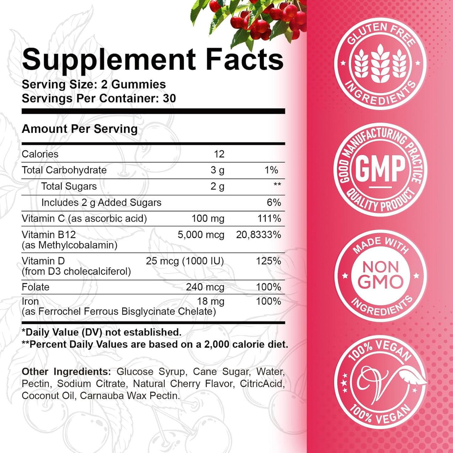 Vegan B12 Gummies with Iron, Vitamin C, D3 & Folate - 5000 mcg Methylcobalamin for Energy, Metabolism, and Immune Support - B-12 Complex Chewable Supplement for Men & Women - 60 Count