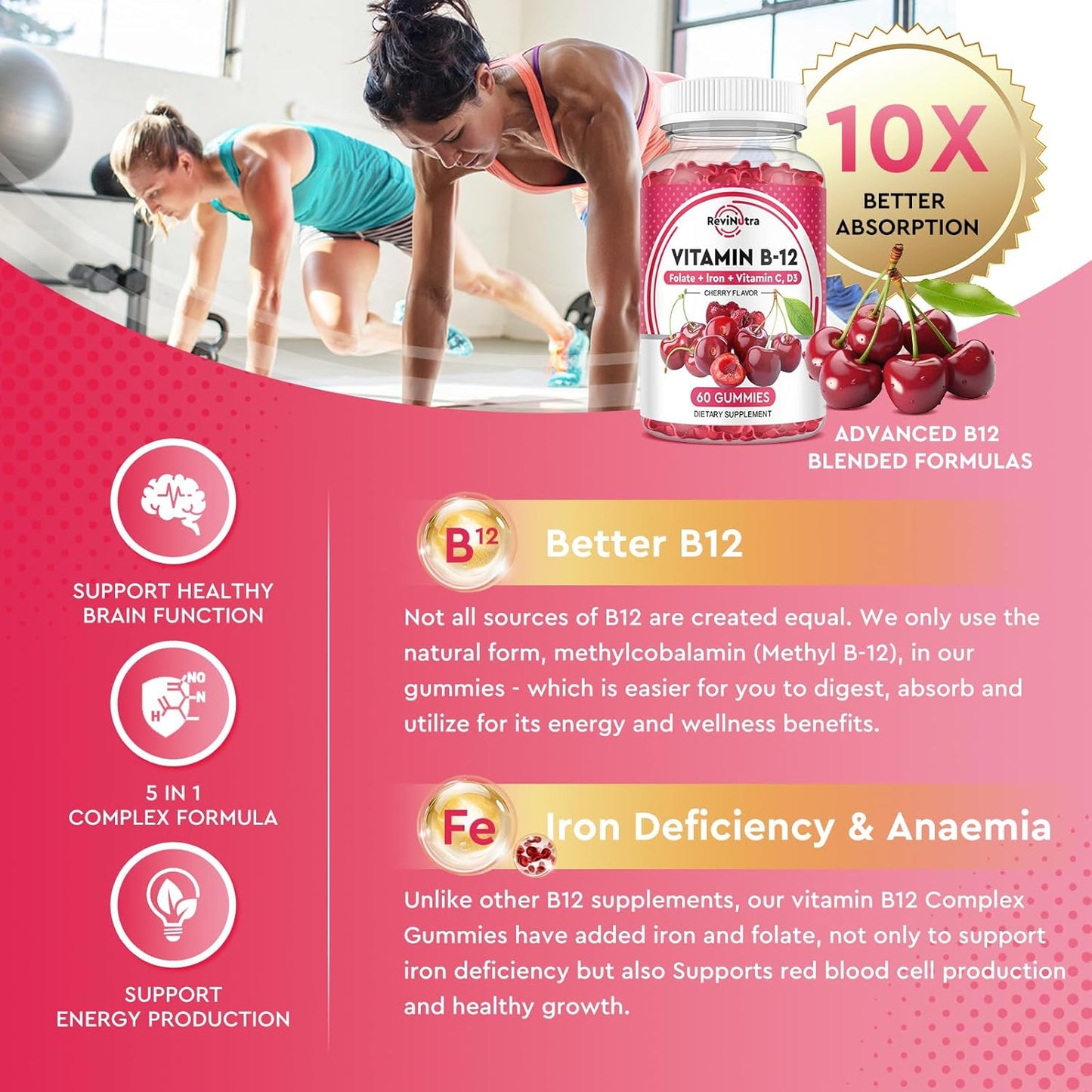 Vegan B12 Gummies with Iron, Vitamin C, D3 & Folate - 5000 mcg Methylcobalamin for Energy, Metabolism, and Immune Support - B-12 Complex Chewable Supplement for Men & Women - 60 Count