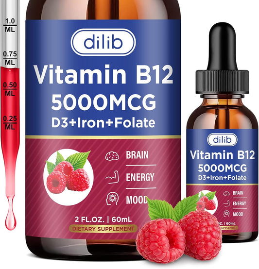 Vegan B12 Liquid Drops Supplement | Methylcobalamin with Folate, B6, C, D3 | 5000 mcg for Energy and Metabolism | Raspberry Flavor