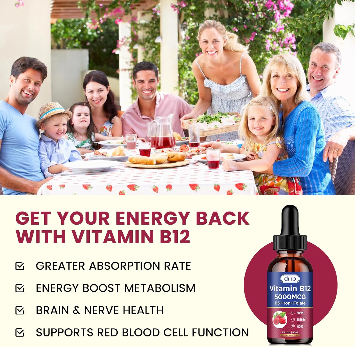 Vegan B12 Liquid Drops Supplement | Methylcobalamin with Folate, B6, C, D3 | 5000 mcg for Energy and Metabolism | Raspberry Flavor