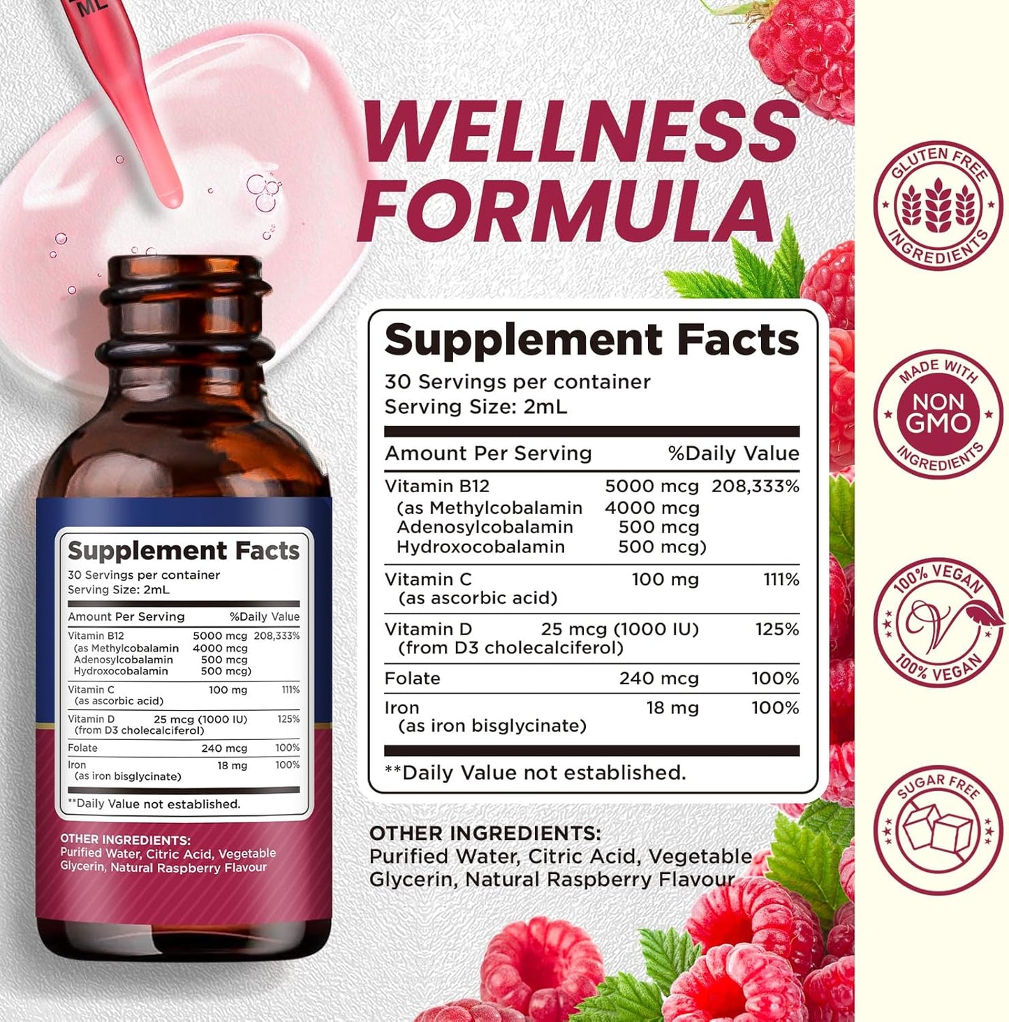 Vegan B12 Liquid Drops Supplement | Methylcobalamin with Folate, B6, C, D3 | 5000 mcg for Energy and Metabolism | Raspberry Flavor